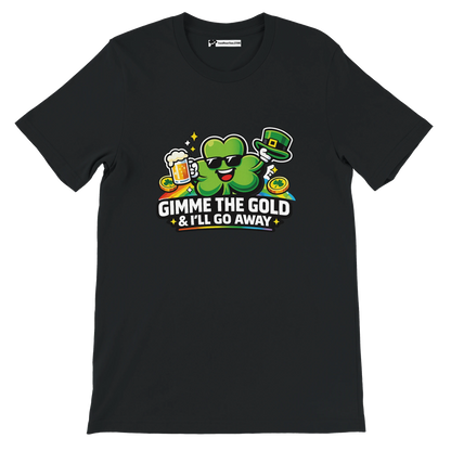 Black St. Patrick's Day tee with shamrock holding beer, 'Gimme the Gold & I'll Go Away' text, rainbow, coins, leprechaun hat