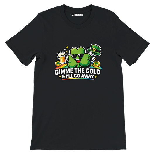 Black St. Patrick's Day tee with shamrock holding beer, 'Gimme the Gold & I'll Go Away' text, rainbow, coins, leprechaun hat