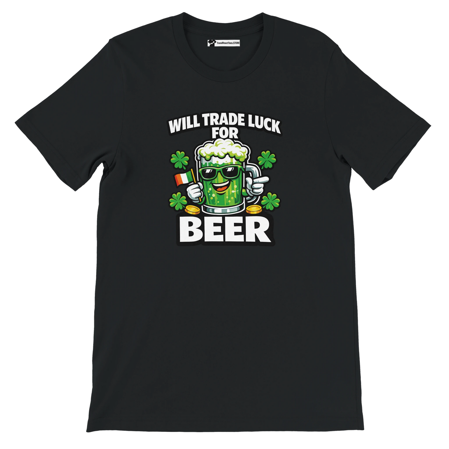 Black St. Patrick's Day tee with 'Will Trade Luck for Beer' graphic, shamrocks, and green beer mug