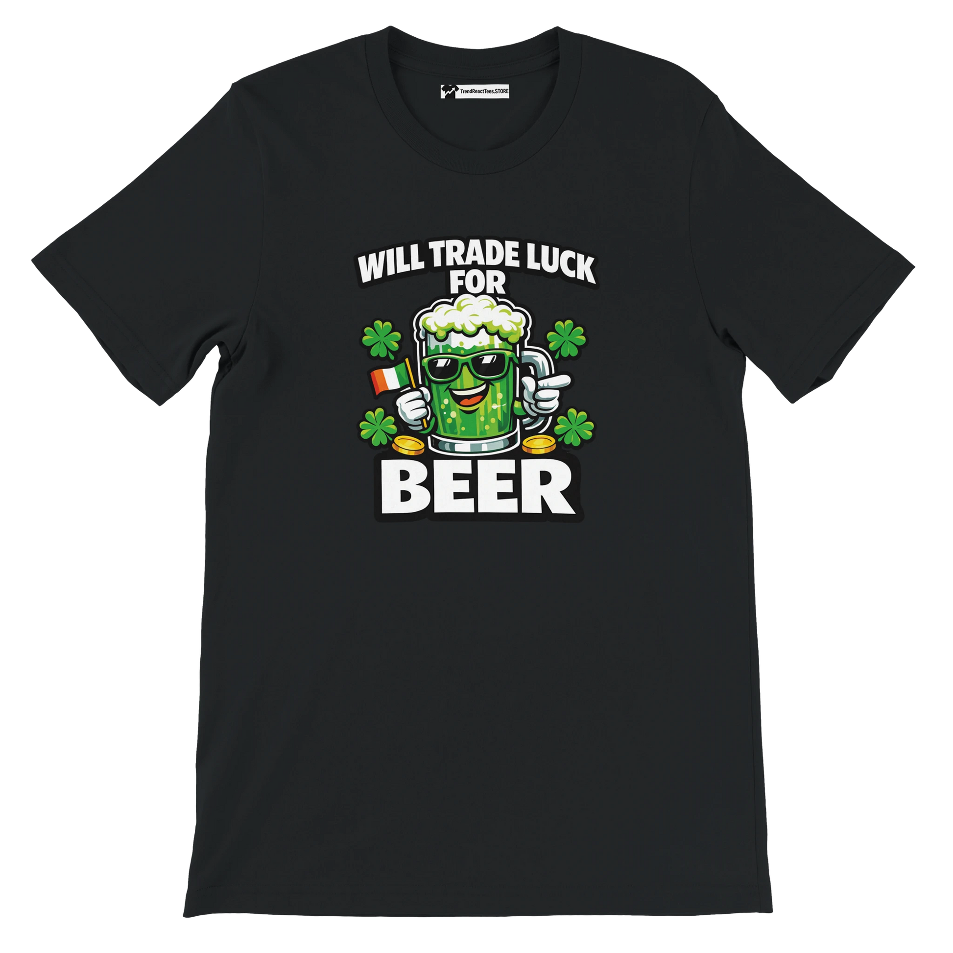 Black St. Patrick's Day tee with 'Will Trade Luck for Beer' graphic, shamrocks, and green beer mug