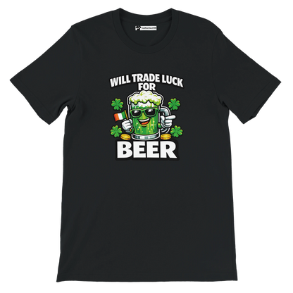 Black St. Patrick's Day tee with 'Will Trade Luck for Beer' graphic, shamrocks, and green beer mug