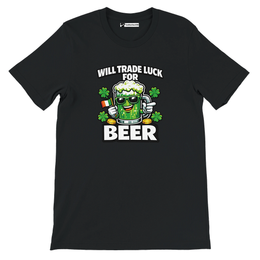 Black St. Patrick's Day tee with 'Will Trade Luck for Beer' graphic, shamrocks, and green beer mug