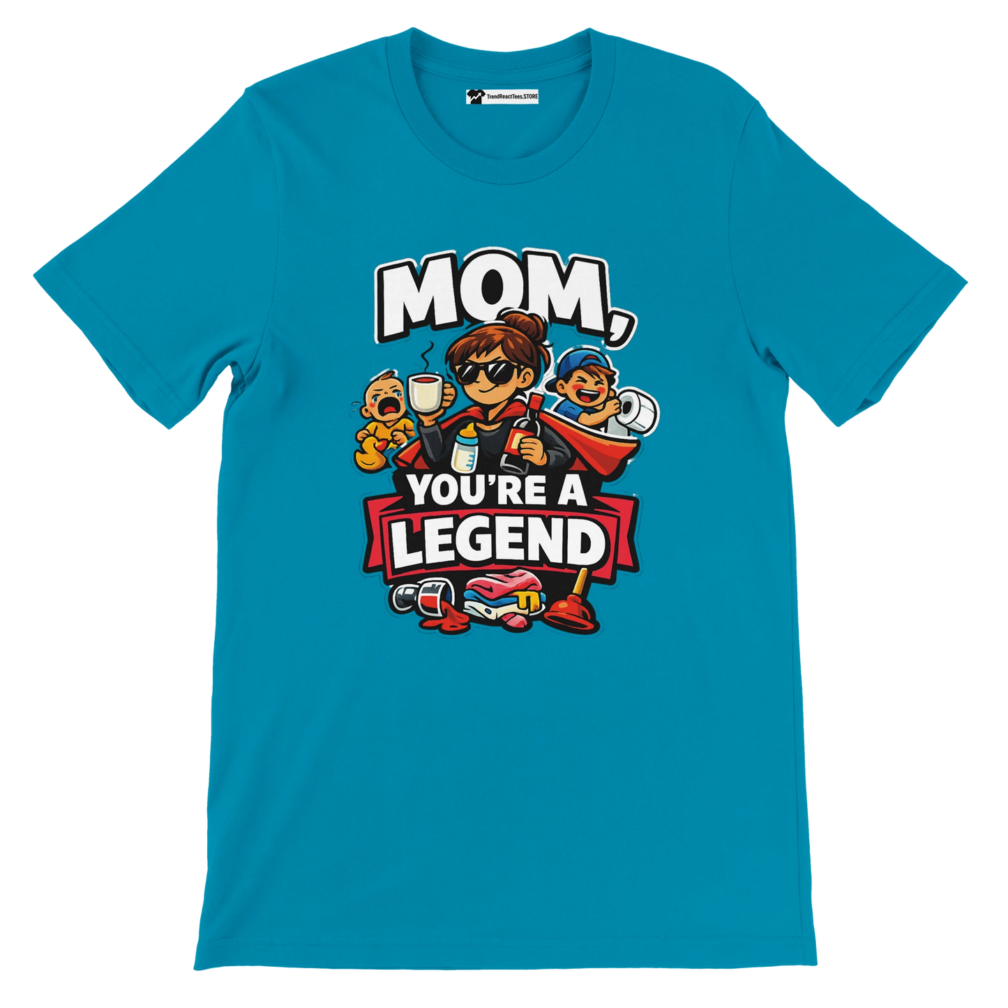 Blue t-shirt with cartoon mom and kids, text reads 'Mom, you're a legend', fun graphic tee