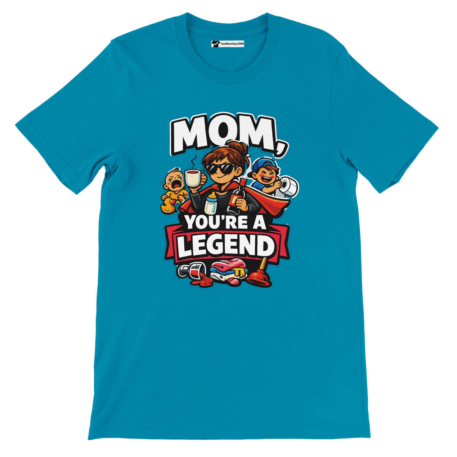 Blue t-shirt with cartoon mom and kids, text reads 'Mom, you're a legend', fun graphic tee