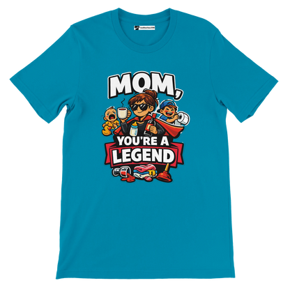 Blue t-shirt with cartoon mom and kids, text reads 'Mom, you're a legend', fun graphic tee