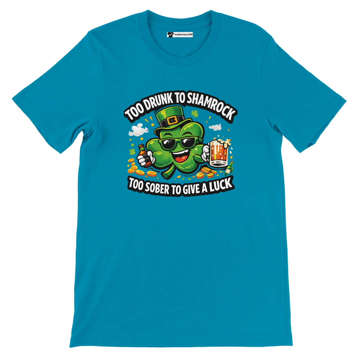 Blue St. Patrick's Day t-shirt with cartoon shamrock, leprechaun hat, beer and fun quote