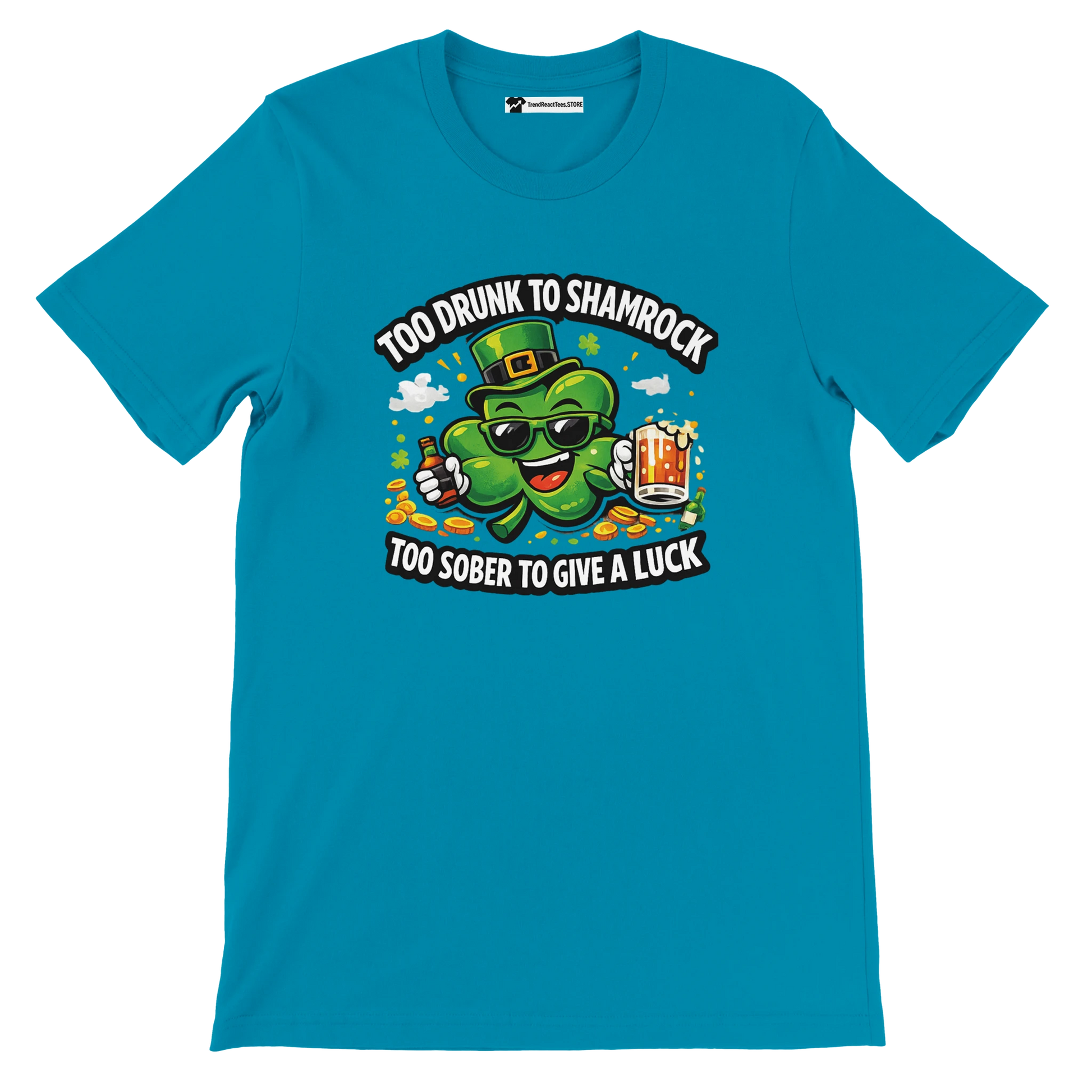 Blue St. Patrick's Day t-shirt with cartoon shamrock, leprechaun hat, beer and fun quote
