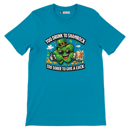 Blue St. Patrick's Day t-shirt with cartoon shamrock, leprechaun hat, beer and fun quote