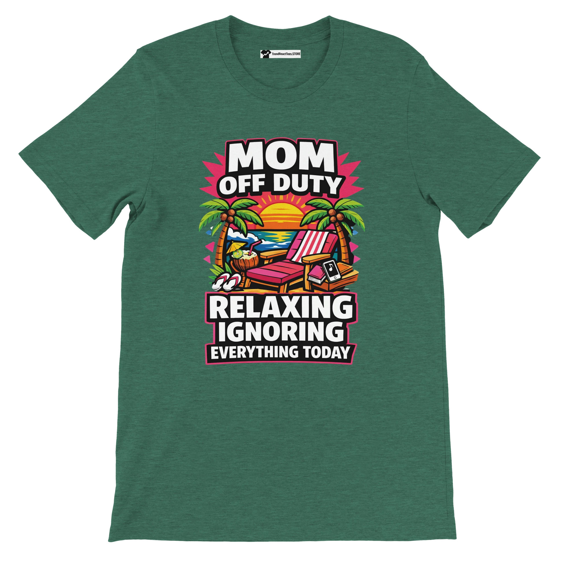 Green t-shirt with 'Mom Off Duty' tropical beach scene, relaxing chair, sunset illustration