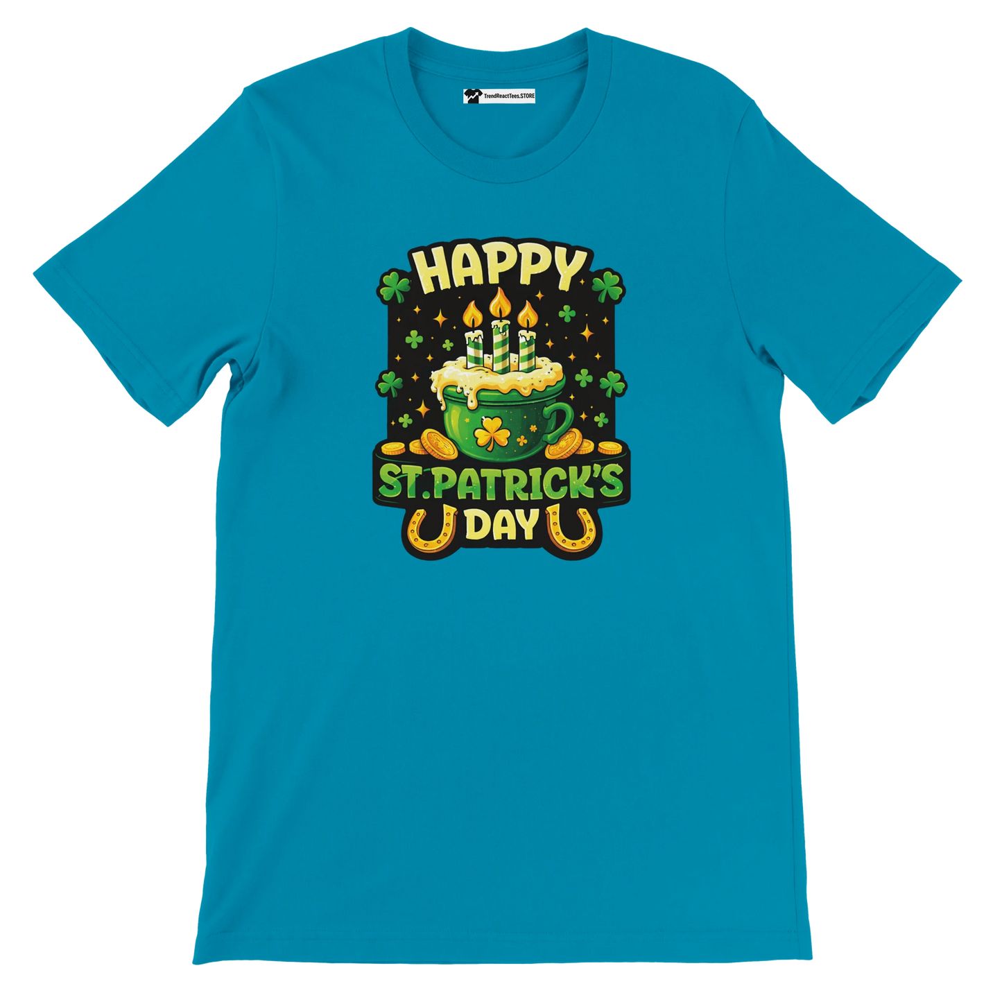 Happy St. Patrick's Day tee with green mug cake, shamrocks, coins, and horseshoes on blue shirt