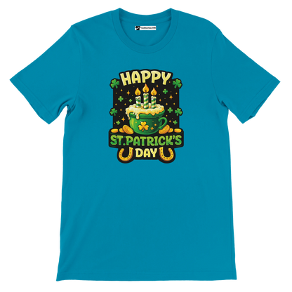 Happy St. Patrick's Day tee with green mug cake, shamrocks, coins, and horseshoes on blue shirt