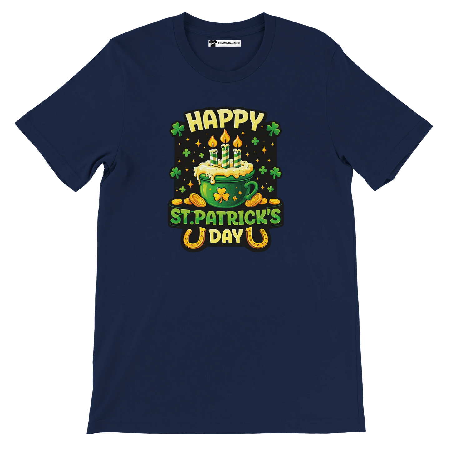 Happy St. Patrick's Day tee with green mug, candles, shamrocks, and gold coins design