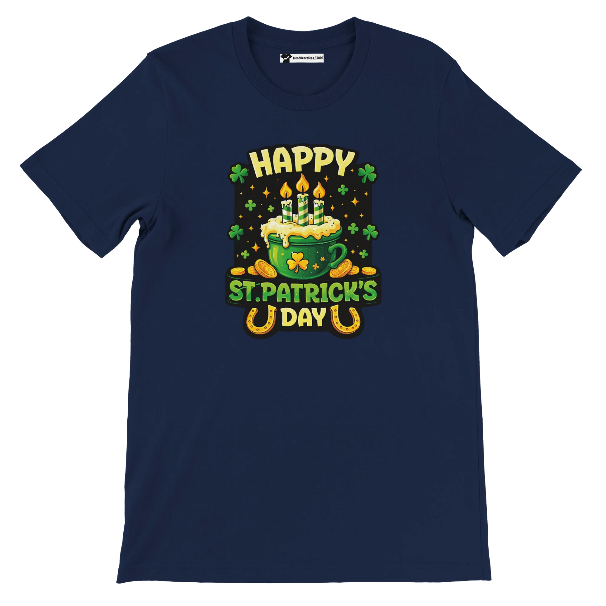 Happy St. Patrick's Day tee with green mug, candles, shamrocks, and gold coins design