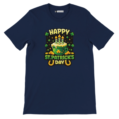 Happy St. Patrick's Day tee with green mug, candles, shamrocks, and gold coins design