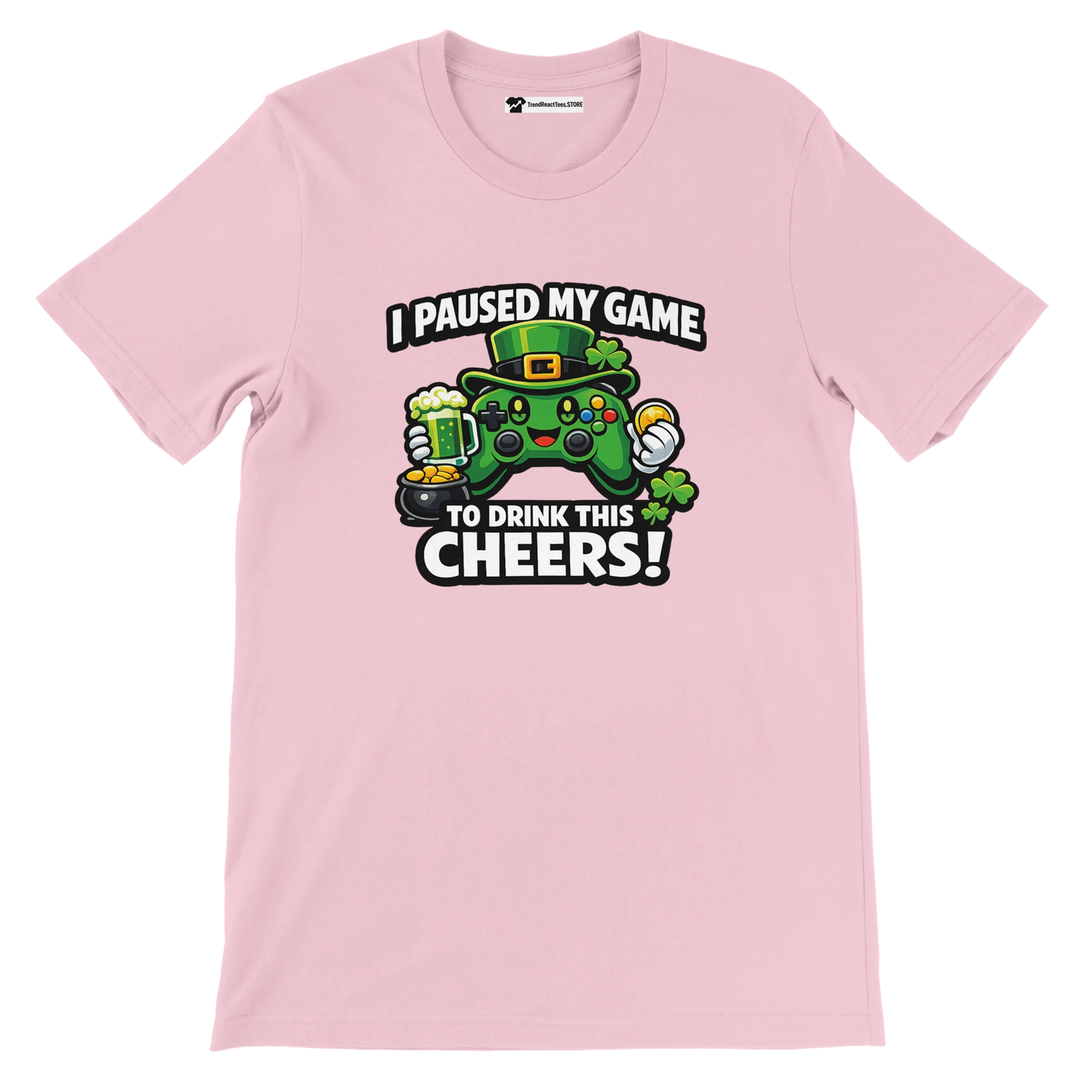 Pink t-shirt with gaming controller, leprechaun hat, shamrocks, and St. Patrick's Day quote.