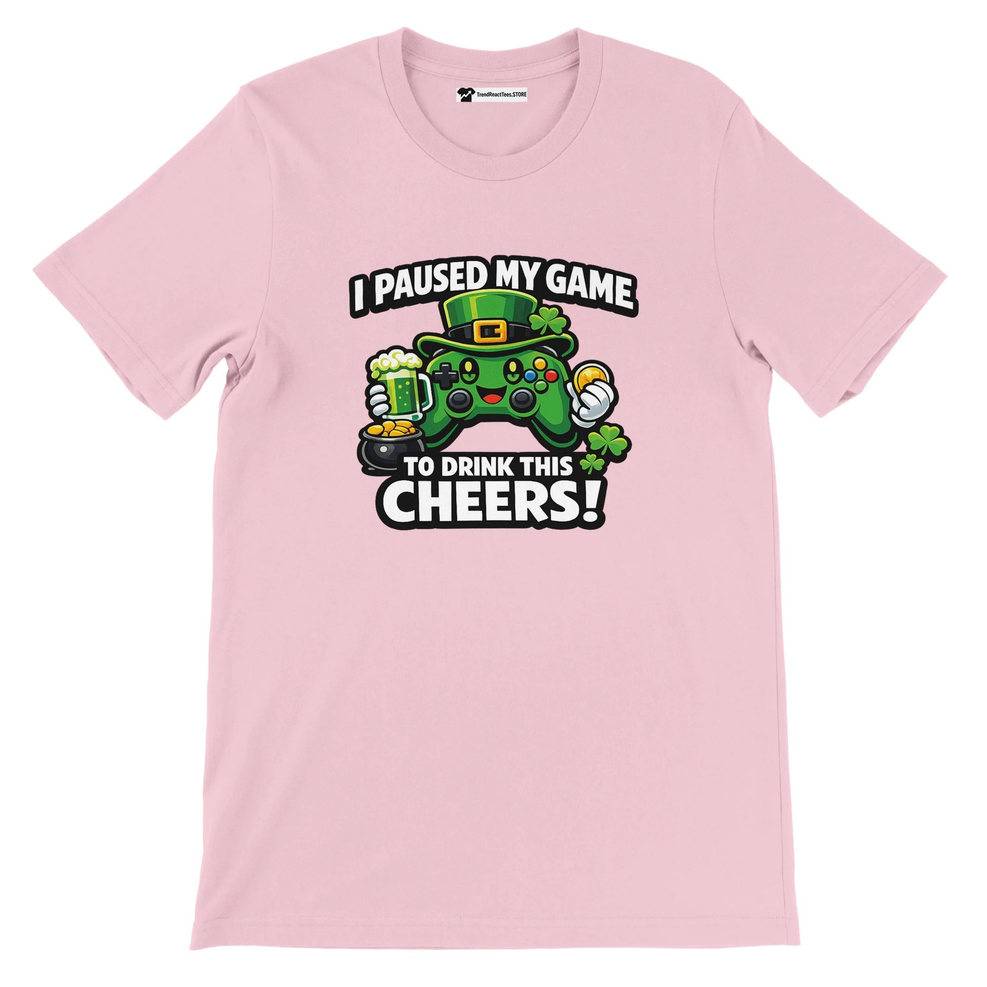 Pink t-shirt with gaming controller, leprechaun hat, shamrocks, and St. Patrick's Day quote.
