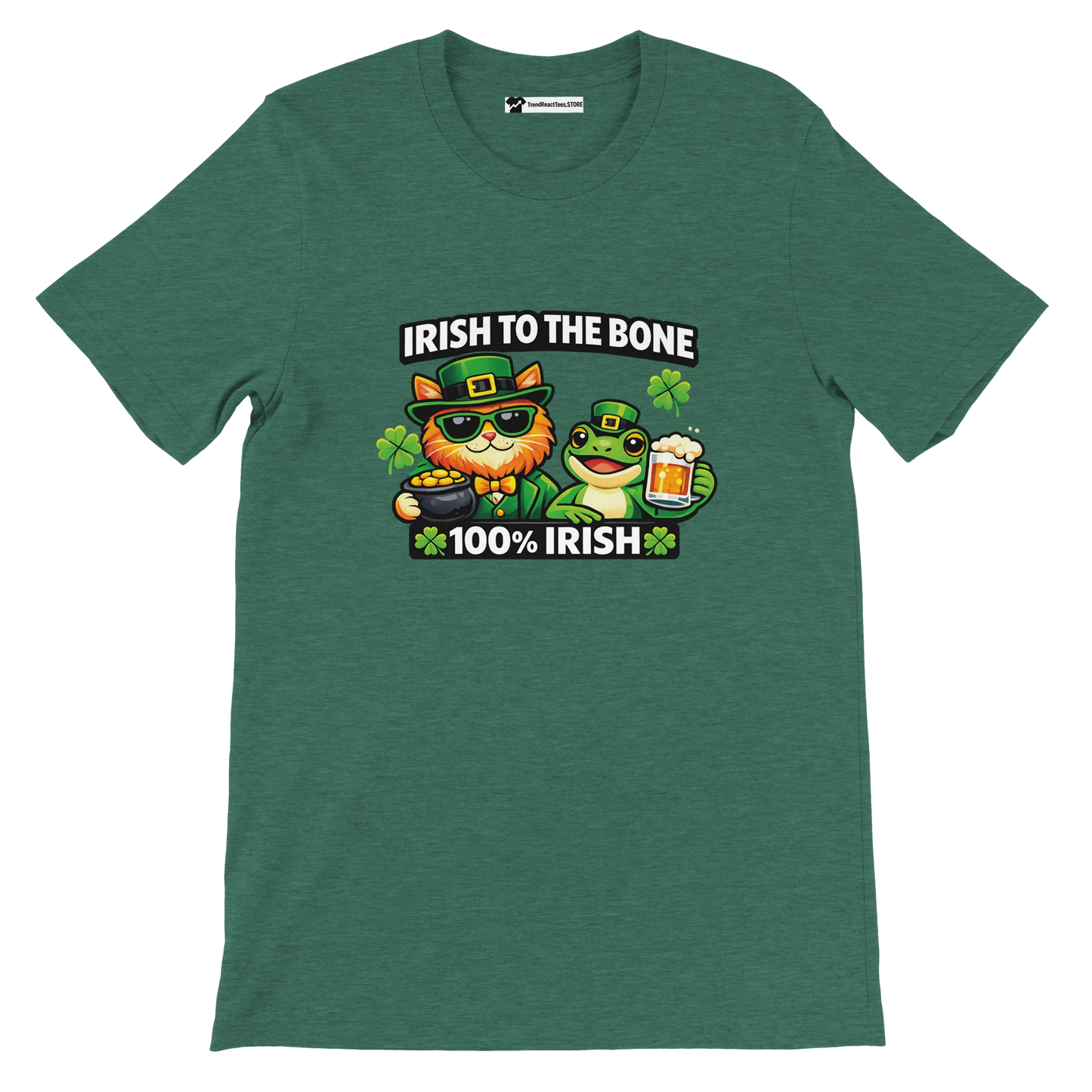 Green St. Patrick's Day tee with cat and frog in leprechaun hats, 'Irish to the Bone' text, shamrocks, beer, and gold coins.