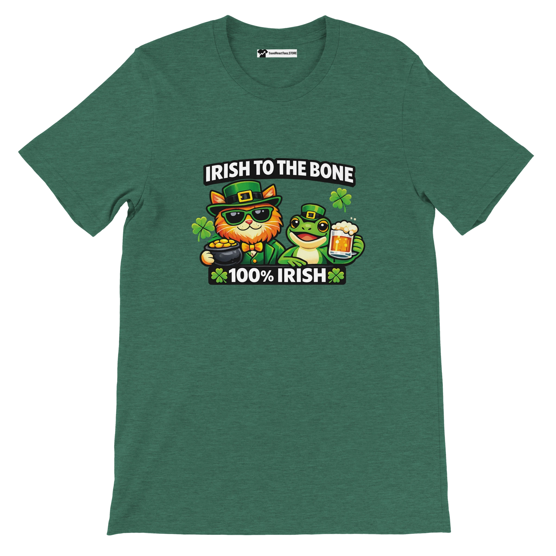 Green St. Patrick's Day tee with cat and frog in leprechaun hats, 'Irish to the Bone' text, shamrocks, beer, and gold coins.