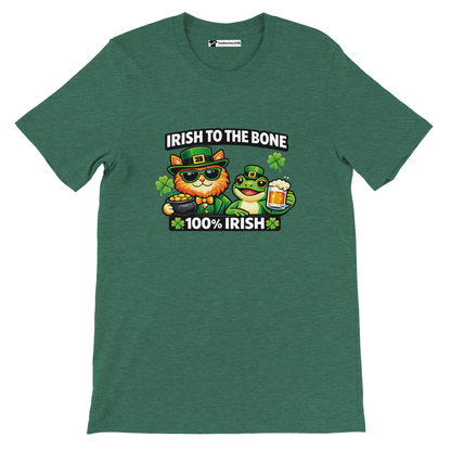 Green St. Patrick's Day tee with cat and frog in leprechaun hats, 'Irish to the Bone' text, shamrocks, beer, and gold coins.