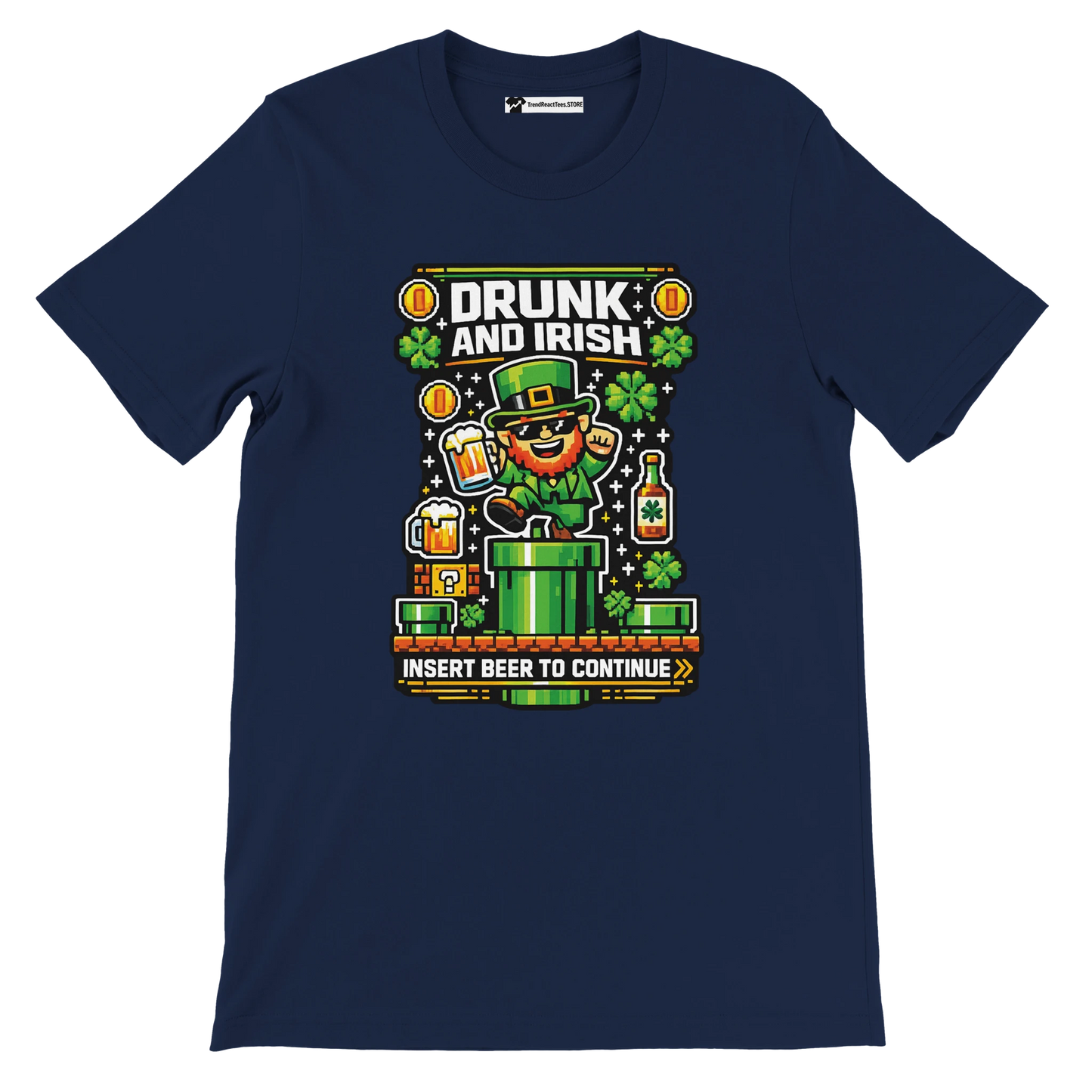 Drunk and Irish pixel art leprechaun t-shirt with beer mugs, shamrocks, and 'Insert Beer to Continue' text