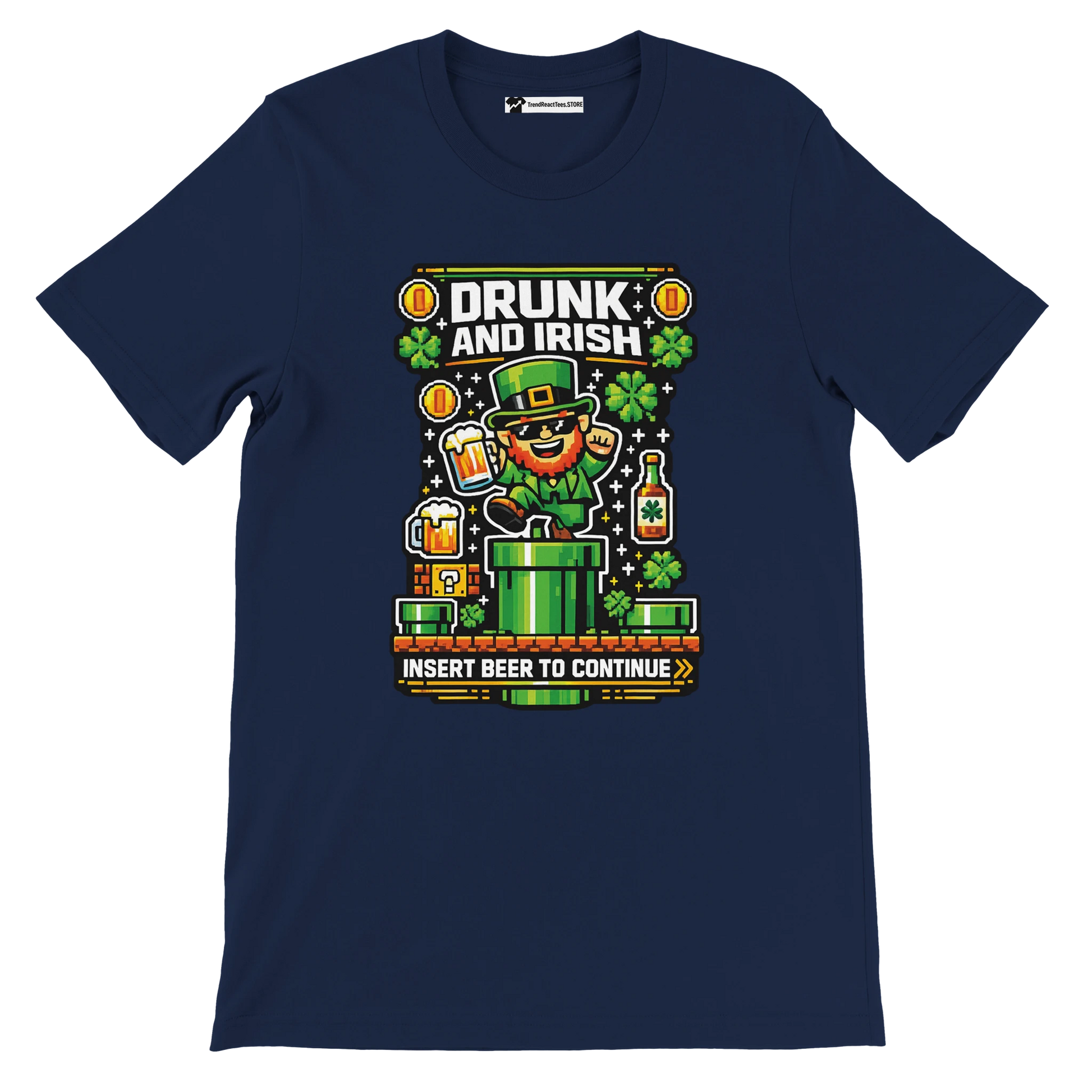 Drunk and Irish pixel art leprechaun t-shirt with beer mugs, shamrocks, and 'Insert Beer to Continue' text
