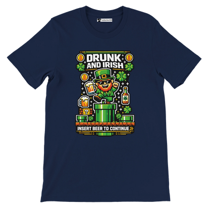 Drunk and Irish pixel art leprechaun t-shirt with beer mugs, shamrocks, and 'Insert Beer to Continue' text