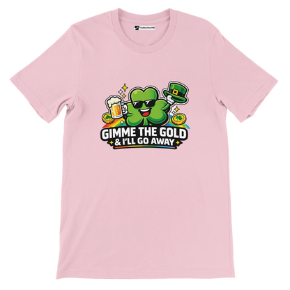 Pink St. Patrick's Day tee with shamrock, beer, gold coins, and 'Gimme The Gold & I'll Go Away' text