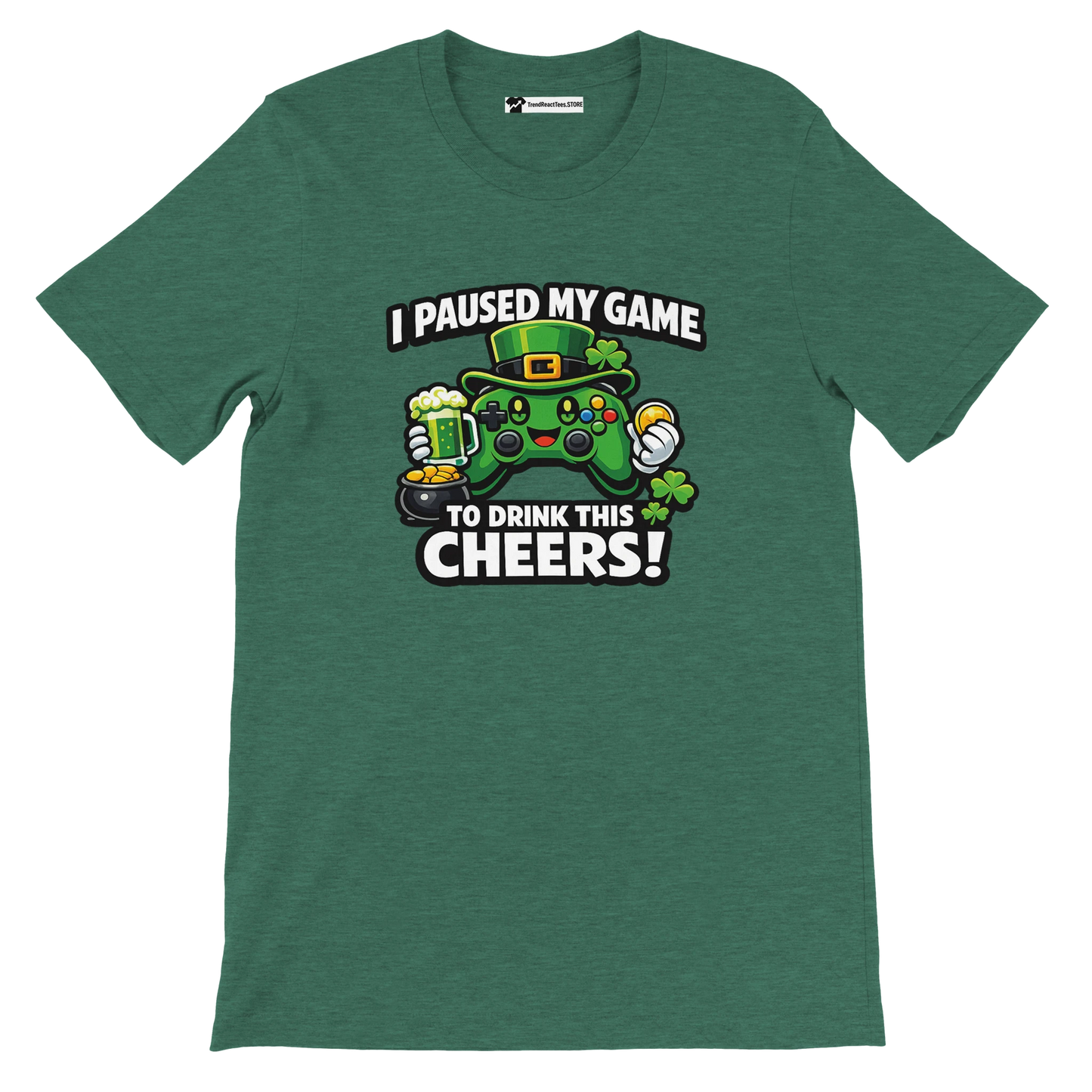 Green t-shirt with gamer controller graphic, leprechaun hat, shamrocks, and St. Patrick's Day quote.