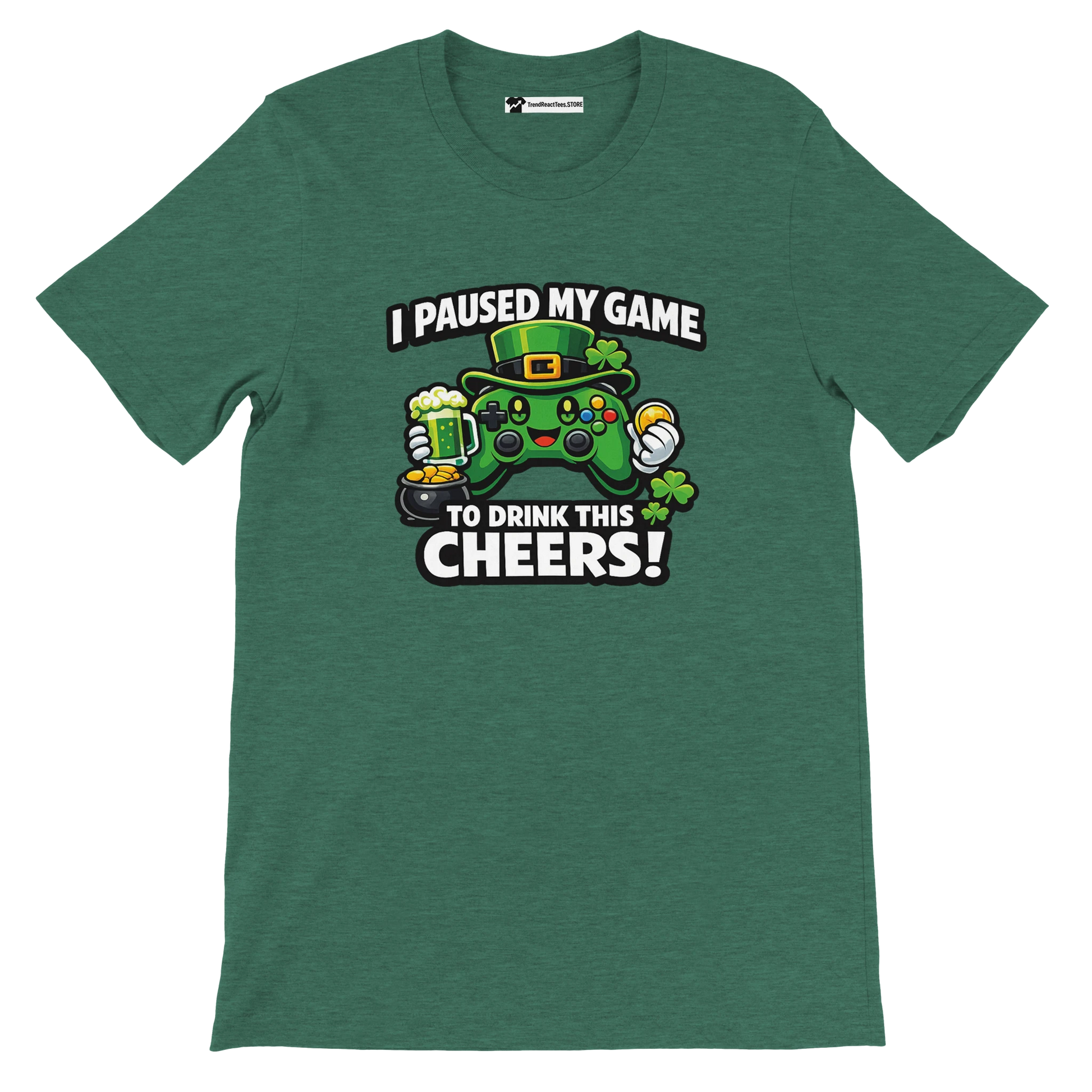 Green t-shirt with gamer controller graphic, leprechaun hat, shamrocks, and St. Patrick's Day quote.