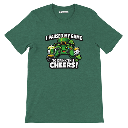 Green t-shirt with gamer controller graphic, leprechaun hat, shamrocks, and St. Patrick's Day quote.