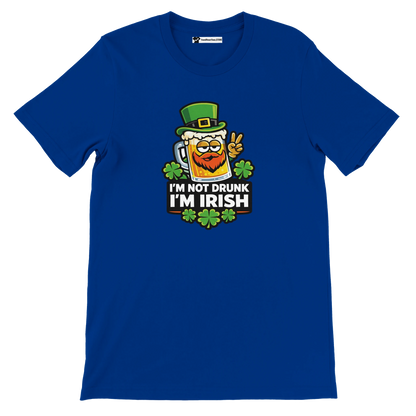 Blue St. Patrick's Day tee with beer mug graphic, 'I'm Not Drunk I'm Irish' text, shamrocks, and leprechaun hat.