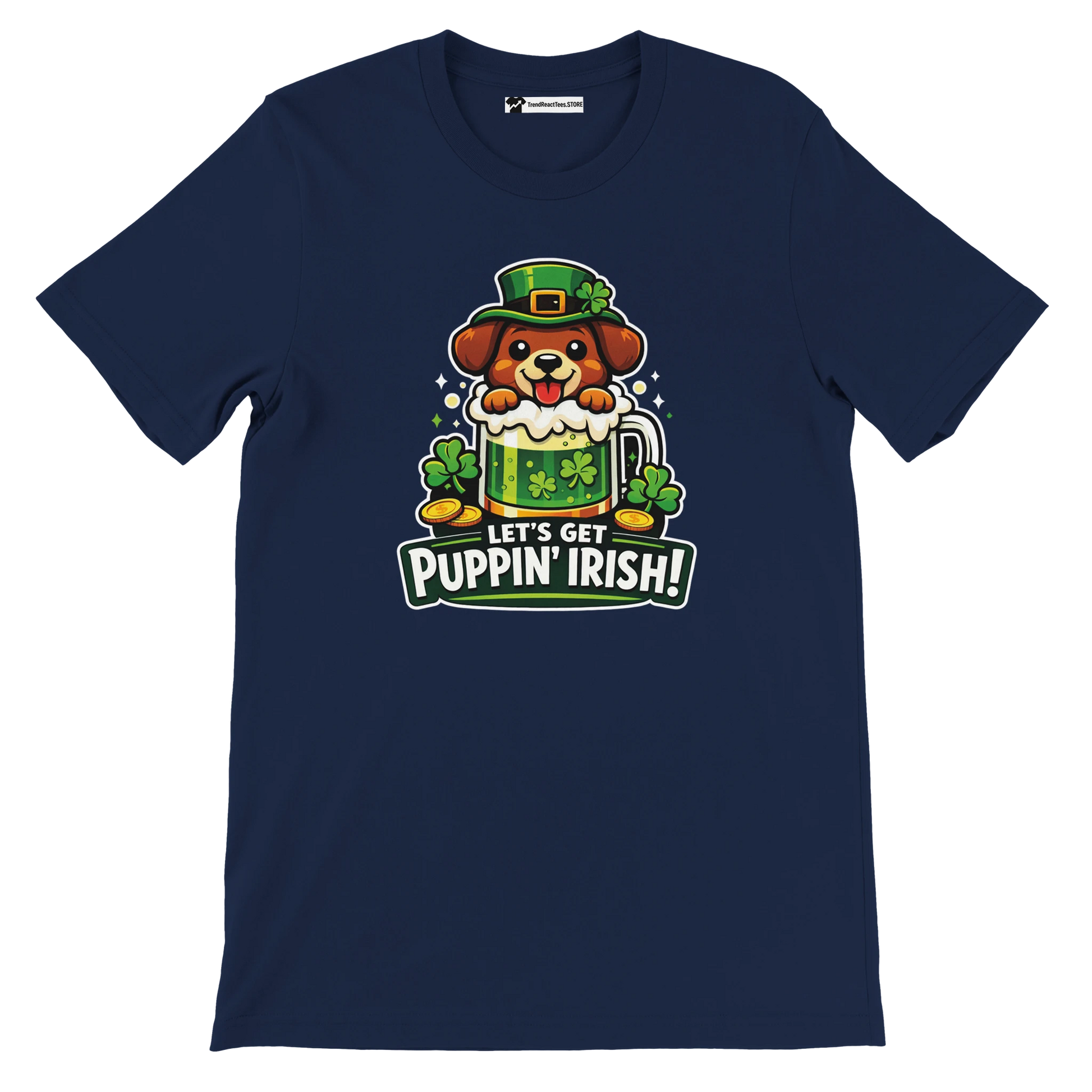Navy blue t-shirt with cute dog in leprechaun hat, beer mug, shamrocks, and 'Let’s Get Puppin’ Irish!' text.