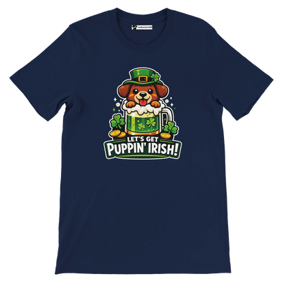 Navy blue t-shirt with cute dog in leprechaun hat, beer mug, shamrocks, and 'Let’s Get Puppin’ Irish!' text.