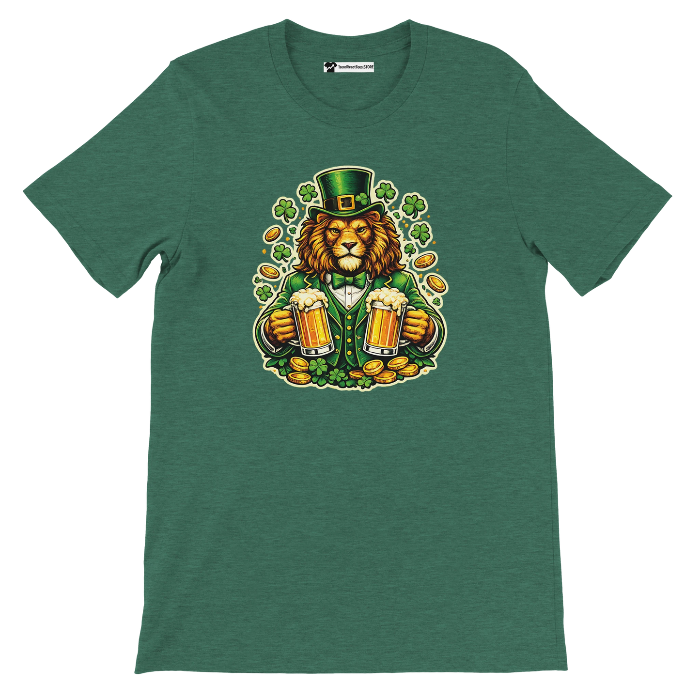 Lion in green hat holding beer mugs with shamrocks and coins, St. Patrick's Day tee