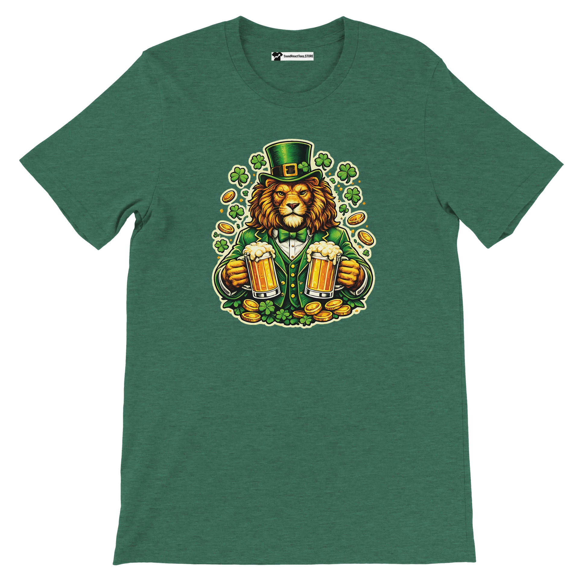 Lion in green hat holding beer mugs with shamrocks and coins, St. Patrick's Day tee