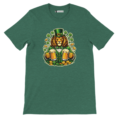 Lion in green hat holding beer mugs with shamrocks and coins, St. Patrick's Day tee