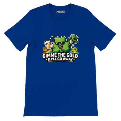 Blue St. Patrick's Day tee with shamrock holding beer, 'Gimme the Gold & I'll Go Away' text, rainbow, coins, leprechaun hat