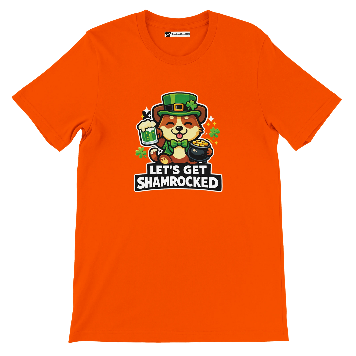 Orange t-shirt featuring cute dog in leprechaun hat, beer, gold pot, and 'Let's Get Shamrocked' text