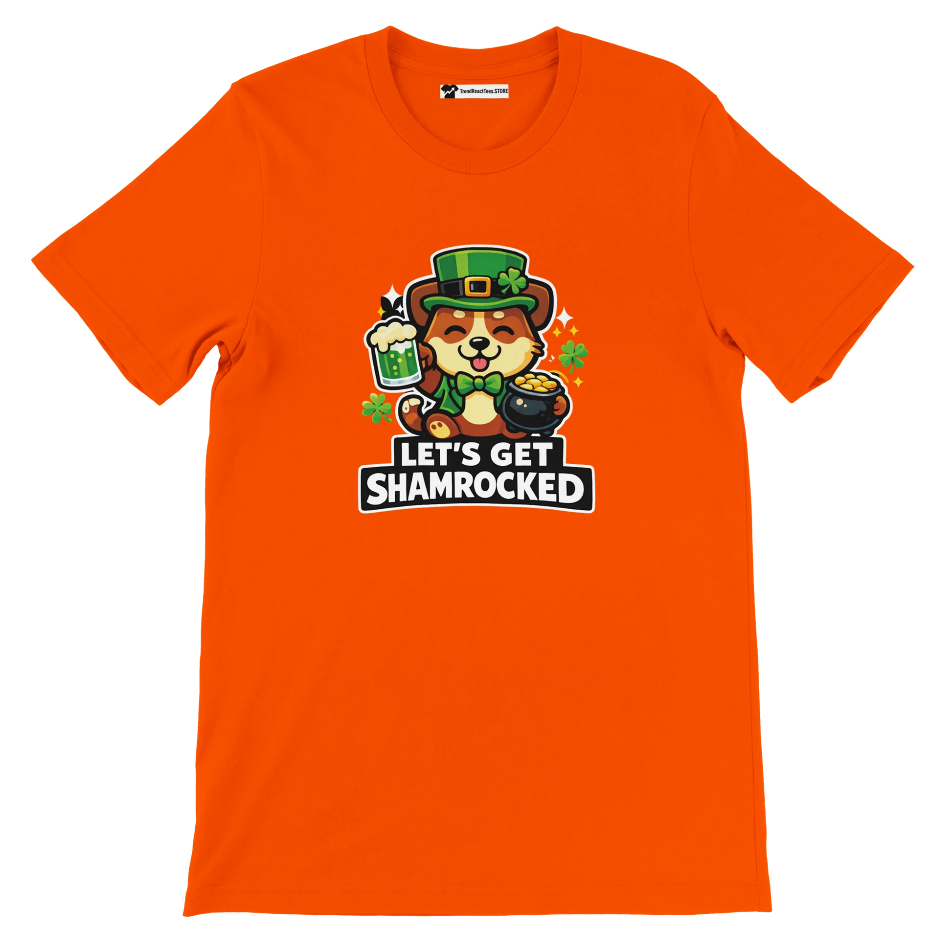 Orange t-shirt featuring cute dog in leprechaun hat, beer, gold pot, and 'Let's Get Shamrocked' text
