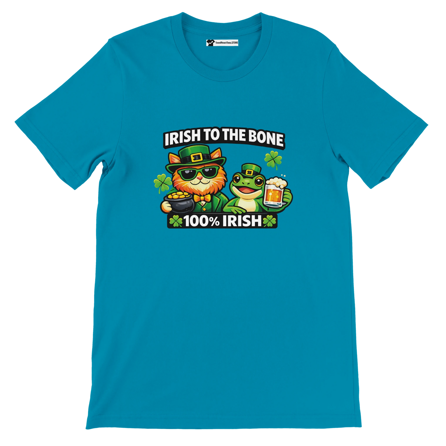 Irish to the Bone St. Patrick's Day tee with cat, frog, shamrocks, and beer, 100% Irish design