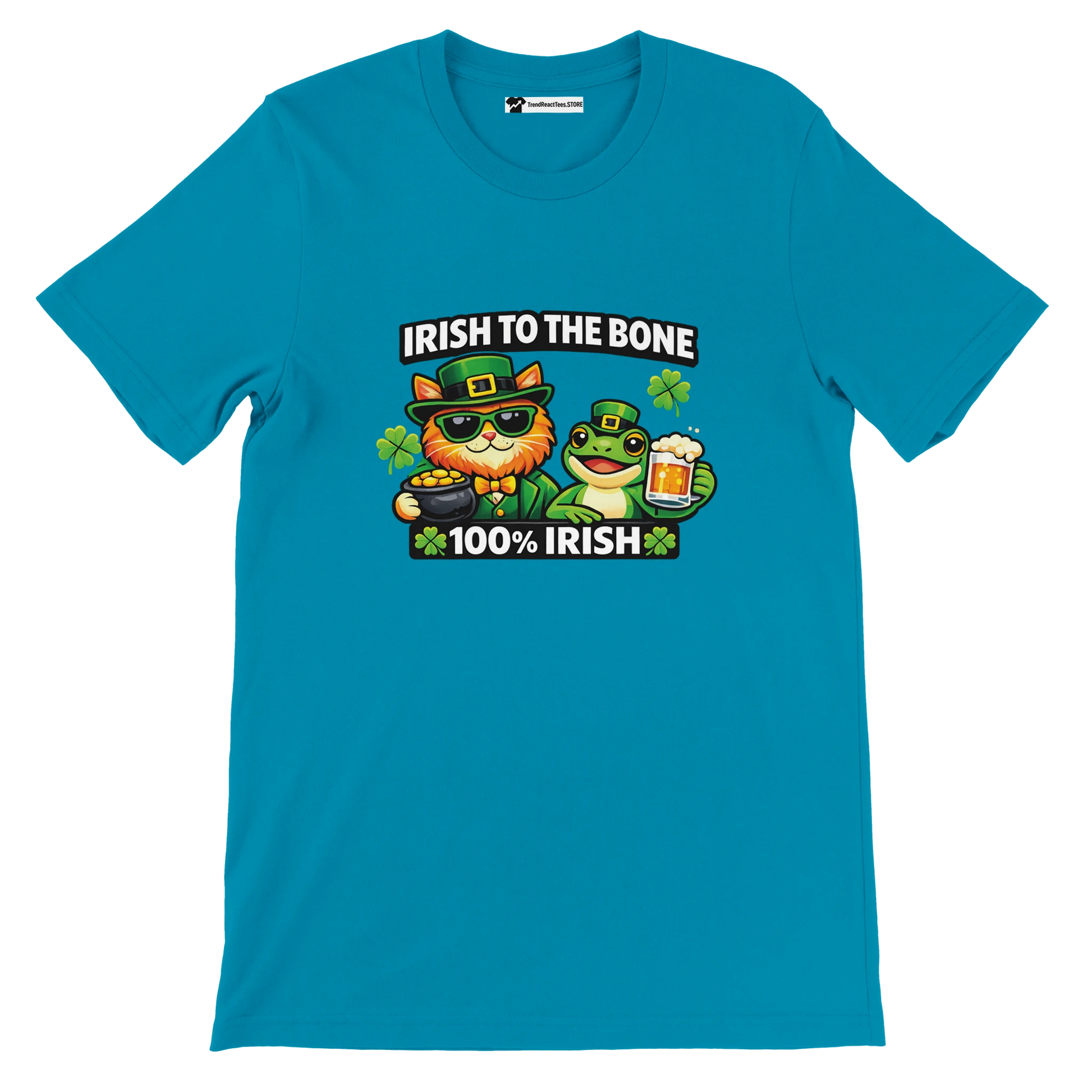 Irish to the Bone St. Patrick's Day tee with cat, frog, shamrocks, and beer, 100% Irish design