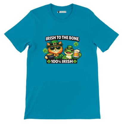 Irish to the Bone St. Patrick's Day tee with cat, frog, shamrocks, and beer, 100% Irish design