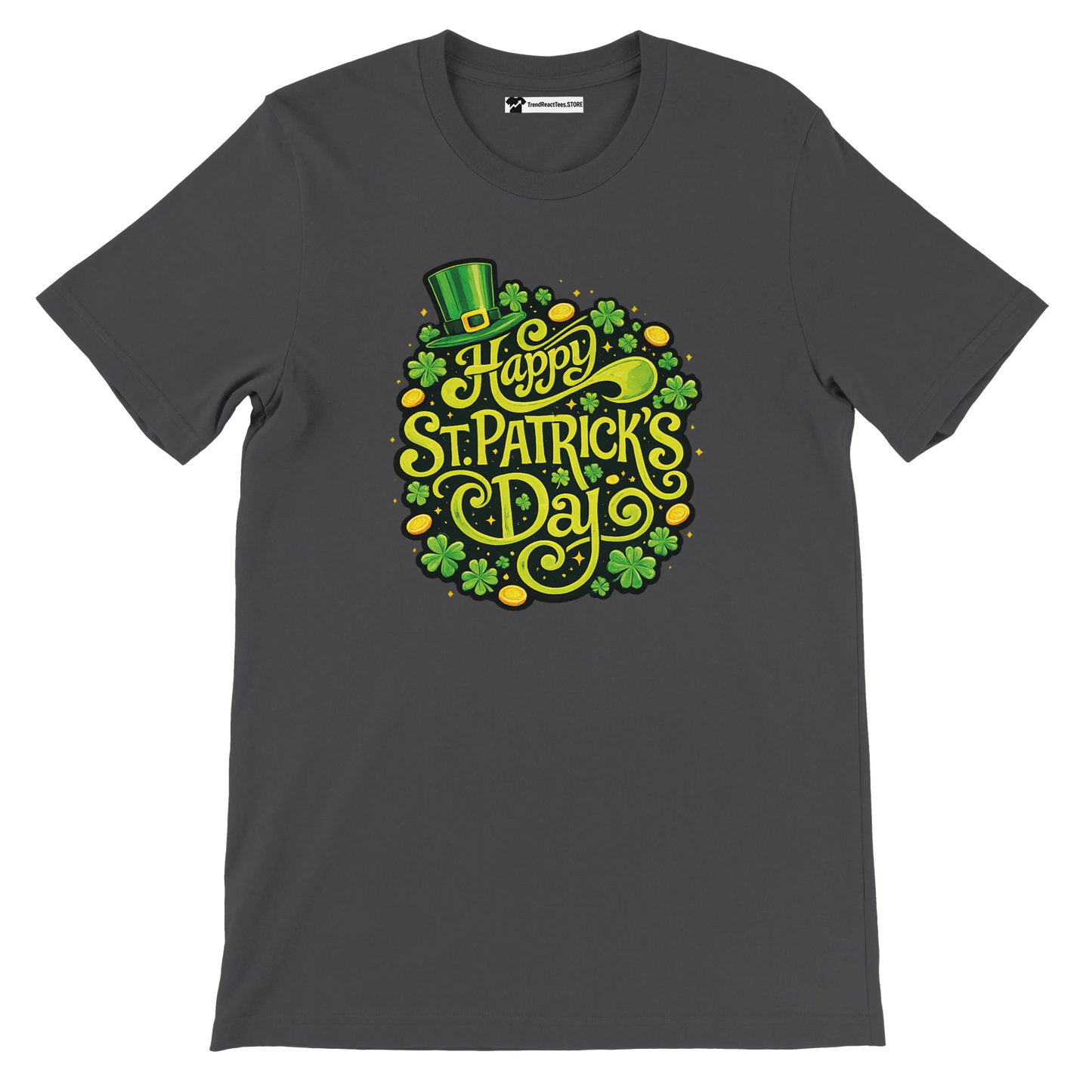 Dark t-shirt with 'Happy St. Patrick's Day' shamrocks, gold coins, and leprechaun hat design