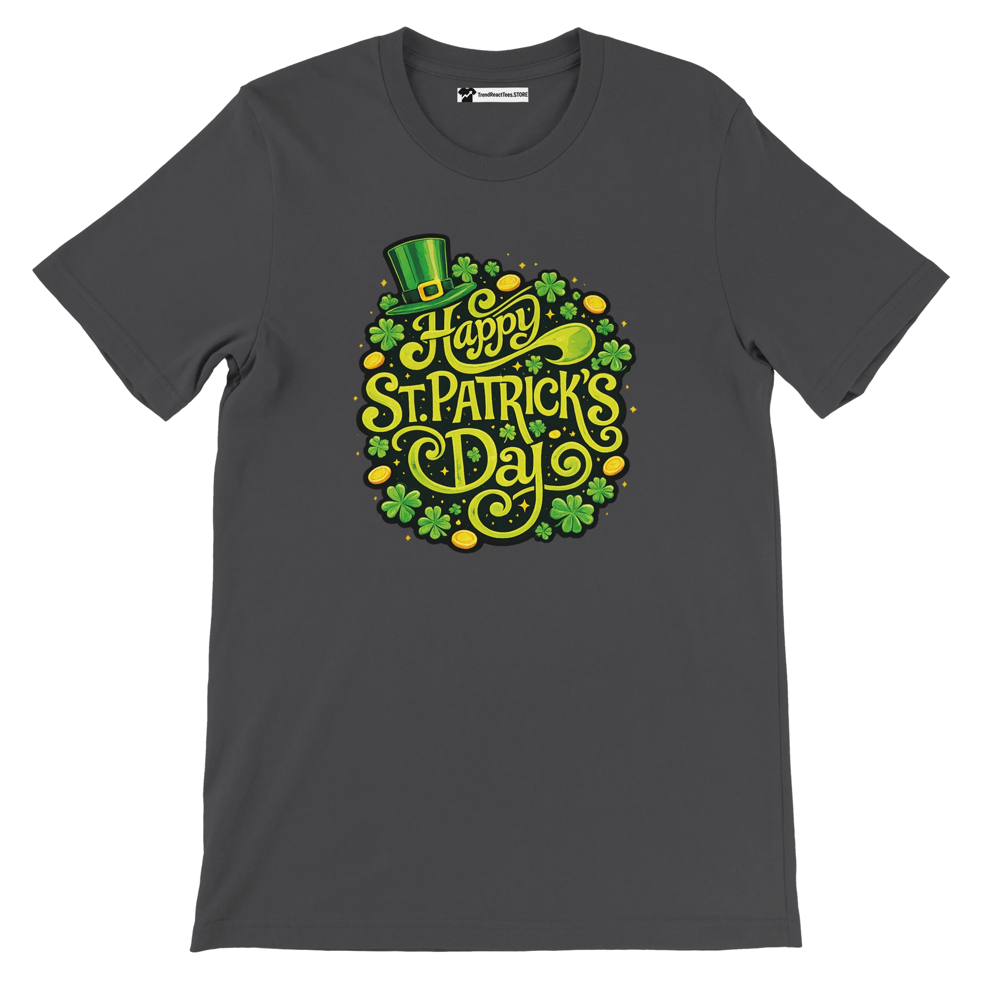 Dark t-shirt with 'Happy St. Patrick's Day' shamrocks, gold coins, and leprechaun hat design