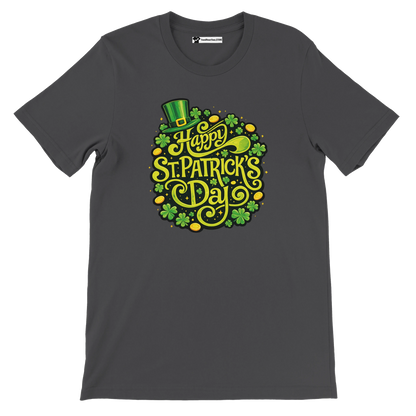 Dark t-shirt with 'Happy St. Patrick's Day' shamrocks, gold coins, and leprechaun hat design