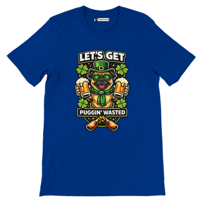 Blue t-shirt with cartoon pug in St. Patrick's Day outfit holding beer mugs, clovers, and text 'Let's Get Puggin' Wasted'.