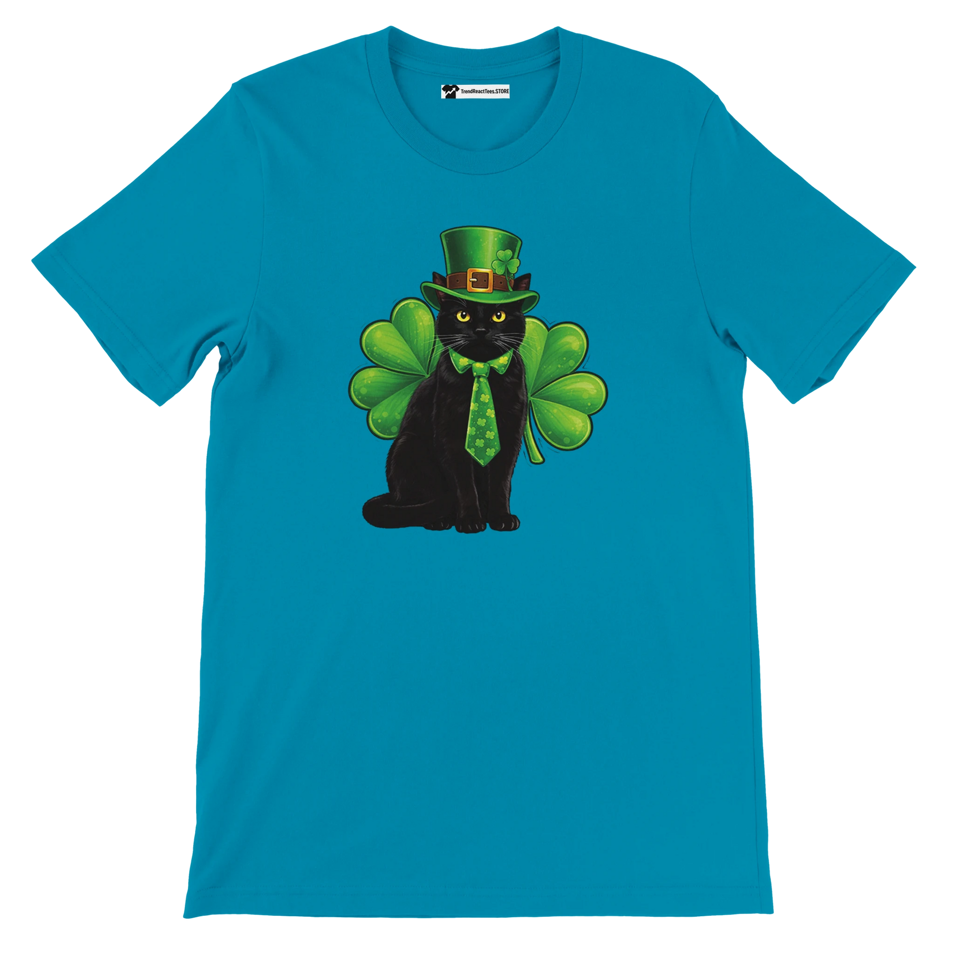 Blue t-shirt with black cat in green leprechaun hat, shamrock tie, and shamrock wings