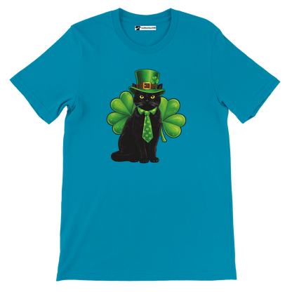 Blue t-shirt with black cat in green leprechaun hat, shamrock tie, and shamrock wings
