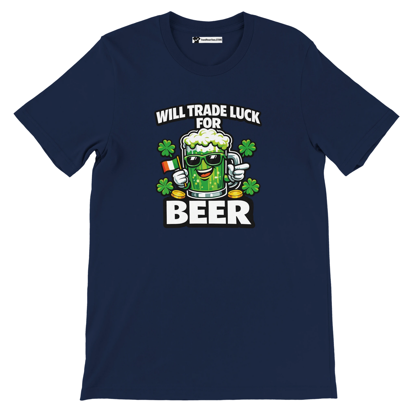 Navy St. Patrick's Day tee with 'Will Trade Luck For Beer' graphic, shamrocks, and green beer mug