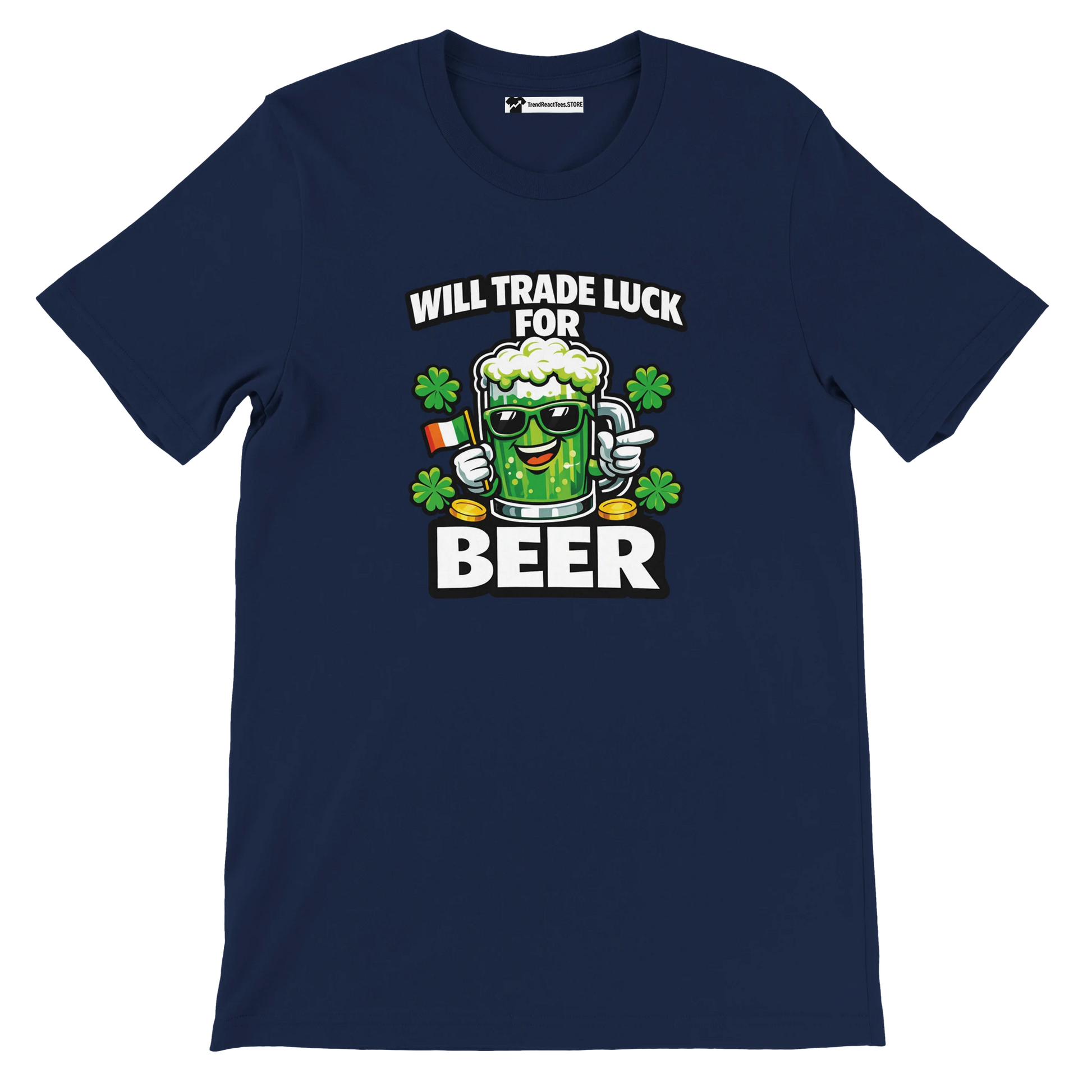 Navy St. Patrick's Day tee with 'Will Trade Luck For Beer' graphic, shamrocks, and green beer mug
